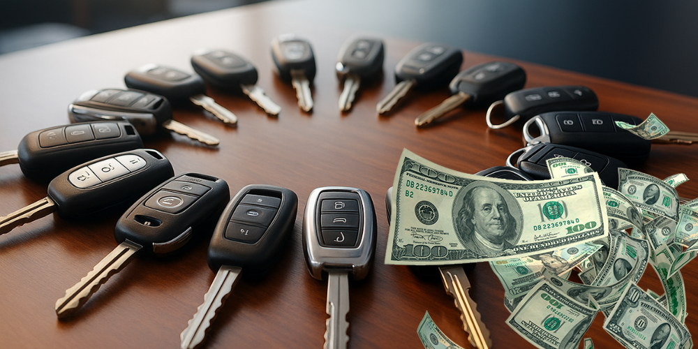 Signo de pesos junto a una llave de auto
